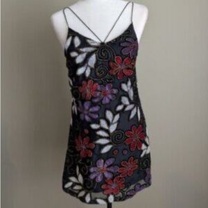 Hot and Delicious Black Velvet Mini Dress Glitter Floral Mesh Detail Sz Medium